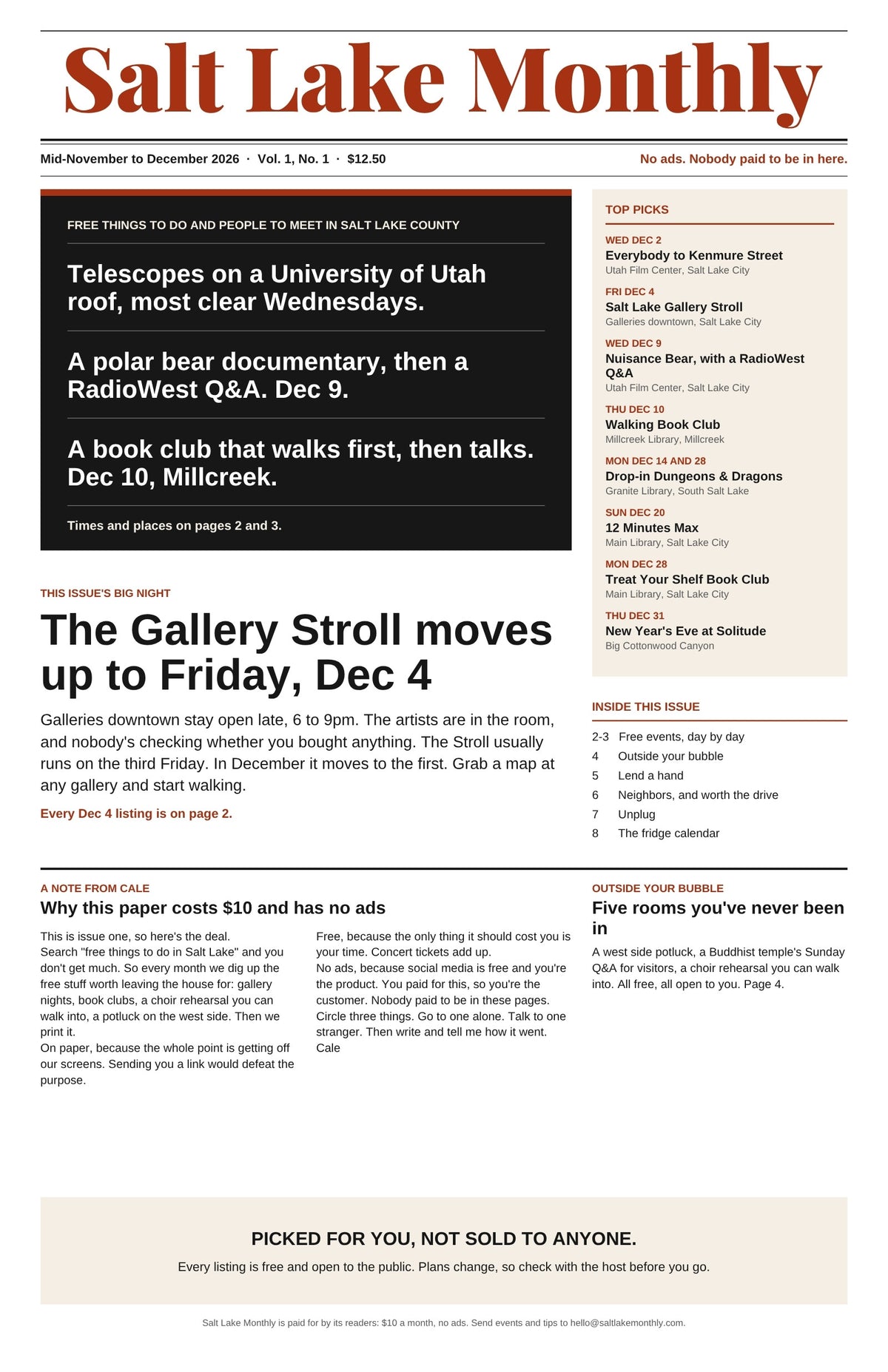 Salt Lake Monthly Issue 1 front page, from the draft